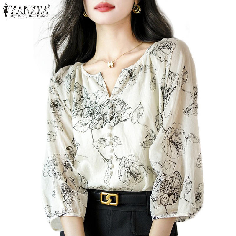 Zanzea เสื้อเบลาส์คอวีพิมพ์ลายแขนยาวลําลองเกาหลีสําหรับผู้หญิง
