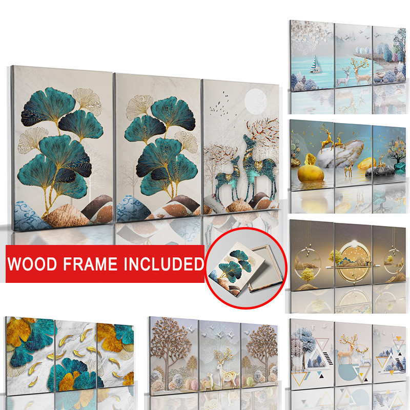 (พร้อมกรอบ) 3pcs โมเดิร์นหรูหรา Wall Art ตกแต่งภาพวาด Elk ภูมิทัศน์โปสเตอร์ใบปลาทองผ้าใบภาพวาดห้องนั่งเล่นตกแต่งขนาดใหญ่ตกแต่งบ้านภาพ