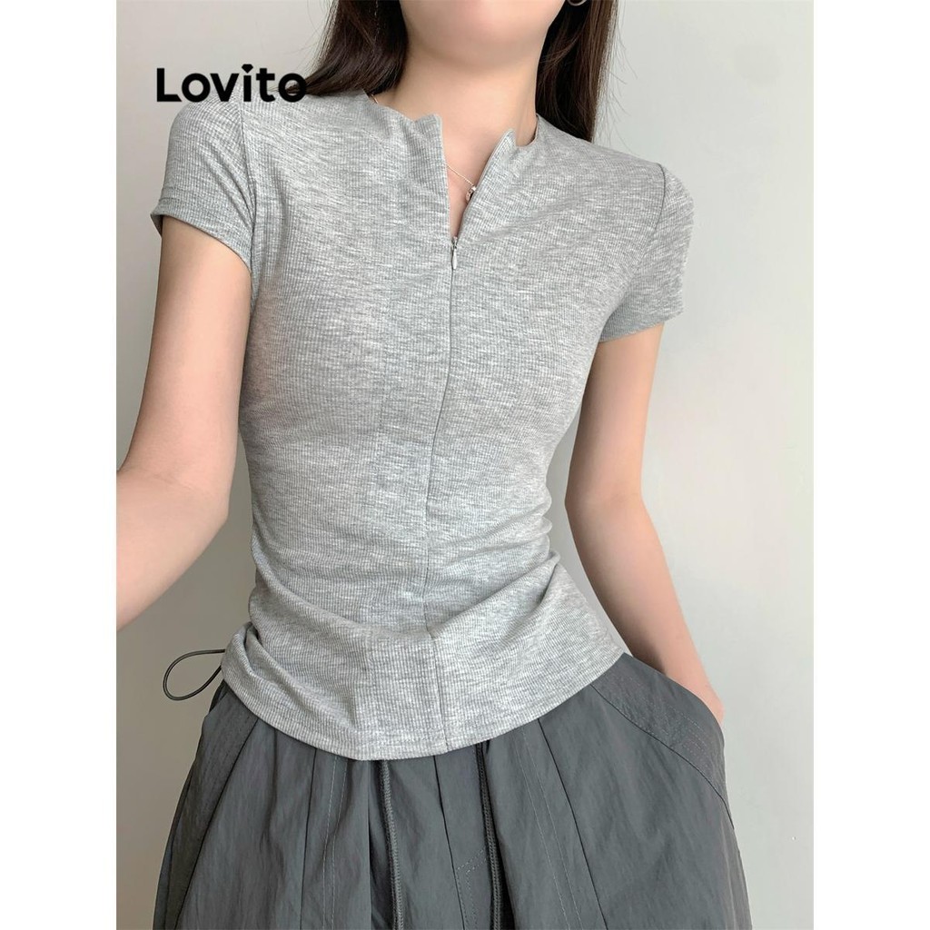 Lovito เสื้อยืดลําลอง มีซิป สําหรับผู้หญิง LNE56014