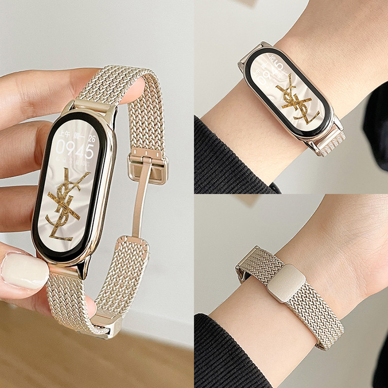 ผู้หญิงสแตนเลสสายรัดบางสําหรับ เสี่ยวหมี่ ไมล์ วงดนตรี 10 9 8 สร้อยข้อมือสมาร์ทสายรัดข้อมือสายรัดพับแม่เหล็กสําหรับ เสี่ยวหมี่ สมาร์ท วงดนตรี 10 9 8