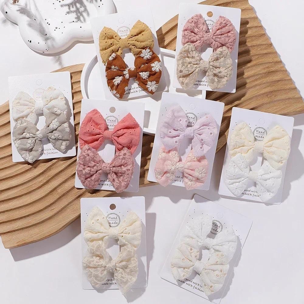 2 ชิ้น/เซ็ตน่ารัก Handmade เย็บปักถักร้อยผม Bows กิ๊บติดผมสําหรับสาวผ้าฝ้าย Hairpin Cheer Bow Barrette เด็กวัยหัดเดิน Babe อุปกรณ์เสริมผม