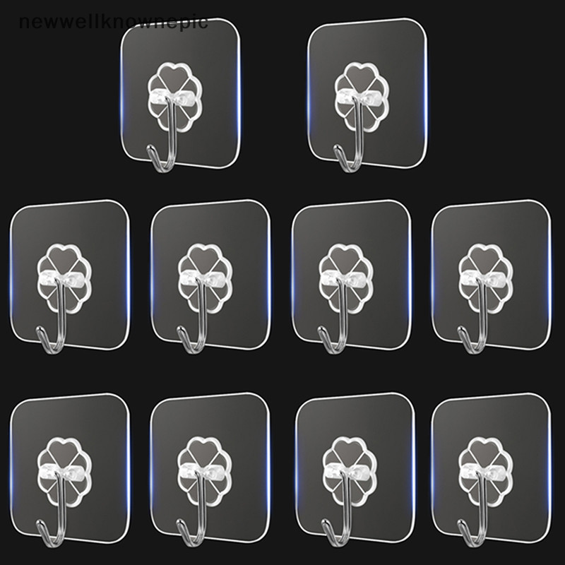 Newwellknownepic 10PCS สแตนเลสโปร่งใส Strong Self กาวตะขอ Key Storage แขวนสําหรับห้องครัวห้องน้ําประตู Wall Multi-Function TH