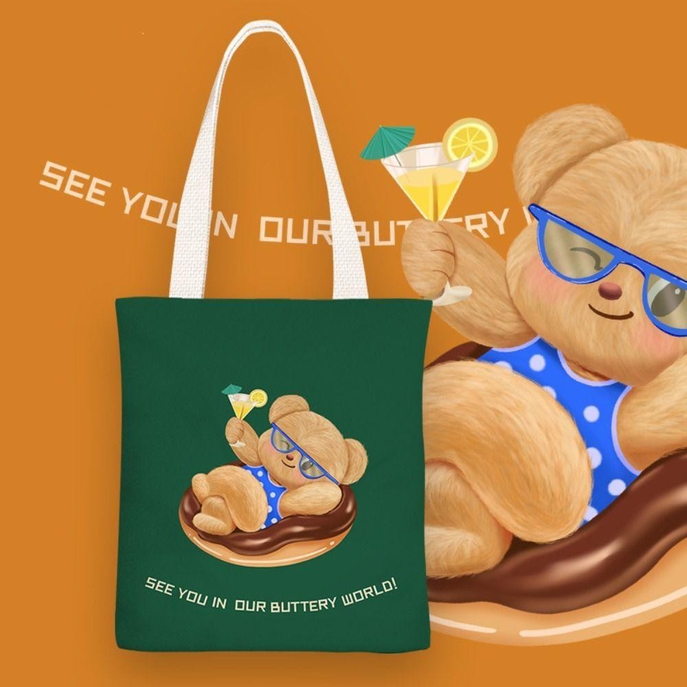 กระเป๋าผ้าแคนวาส REAYA Butter Bear, กระเป๋าสะพายหมีเนยเรียบง่ายการ์ตูน, กระเป๋าโท้ทความจุขนาดใหญ่แบบพกพาผู้หญิง