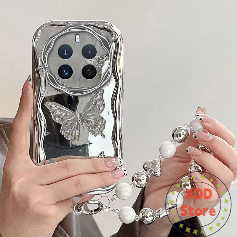 เคสกระจก OPPO Realme 12 Pro Plus 5G เคสโทรศัพท์ผีเสื้อไม่มีเคสโทรศัพท์มือถือสีเหลืองพร้อมสร้อยข้อมือ