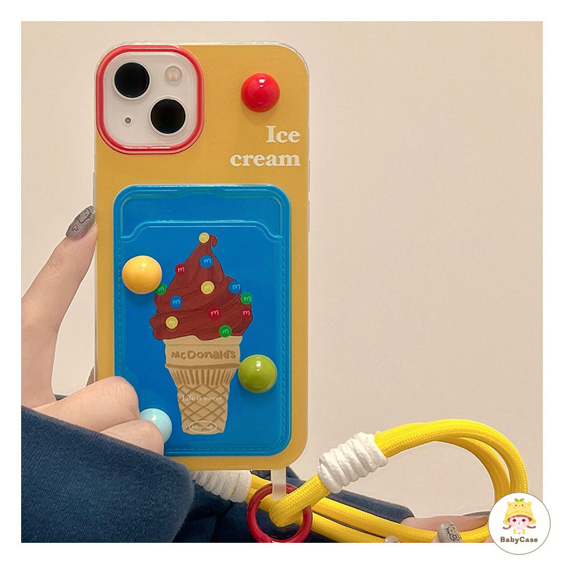 ตุ๊ก3Dไอศกรีมการ์ตูนโดพามีน ช่องใส่บัตรพร้อมสายคล้อง เคสIPhone 11 12 13 15 14 Pro Max XR XS X Max 7 14 15 8 Plus SE 2020