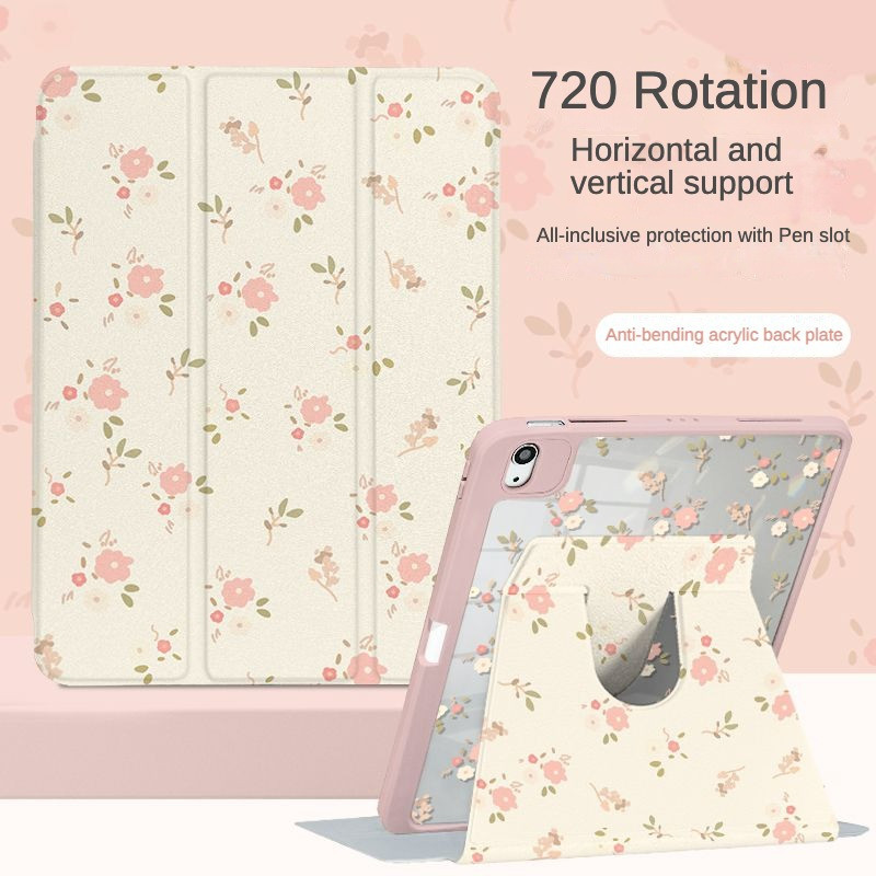 เคส Ipad 360 ° Rotationfull Screen Rose ดอกไม้หักเหมาะสําหรับอะคริลิค iPad Air6 Gen7/8/9 10.2 Gen5/6 9.7 Air4 Air5 10.9 Pro11 Gen10 Triple พับ iPad Cover