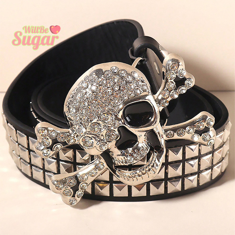 [WillBesugarT] แฟชั่น Gothic Punk Rivet เข็มขัดกว้างอเนกประสงค์ Hip Pop Skeleton เข็มขัดสําหรับชายหญิง Vintage บุคลิกภาพ Punk Rock เข็มขัดของขวัญ [ใหม่]