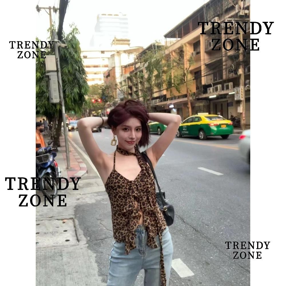 Trendyzone สลิงคอพิมพ์ลายเสือดาว, อารมณ์ฤดูร้อนหวานเย็นเสื้อกั๊ก, แฟชั่น Spice Girl Slim Casual Short Top Outdoor
