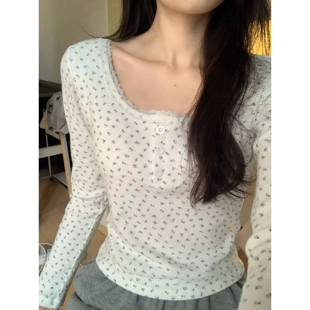 เสื้อยืดแขนยาวลายดอกไม้สไตล์เกาหลีสําหรับผู้หญิงเสื้อตัวในเข้ารูป