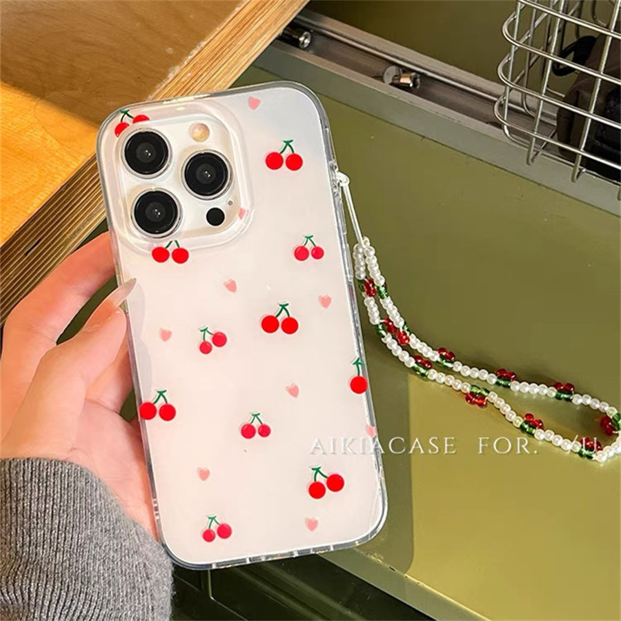 Iphone Clear Big Hole Red Cherry ยอดนิยม Niche ออกแบบใหม่ Drop ทน Shock Absorbing เคสโทรศัพท์สําหรับ 7 7plus 8 8plus Xs Xr 11 12 13 14 15 Pro Plus Promax