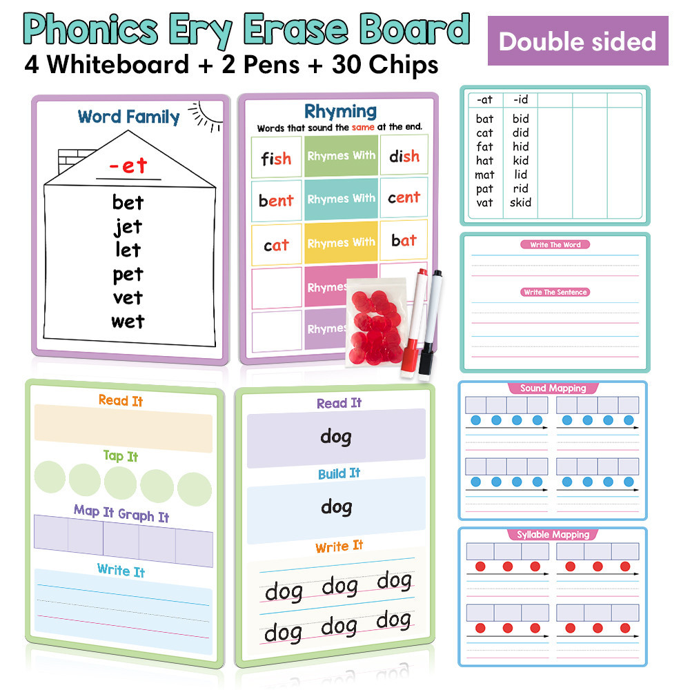 4 ชิ้น Phonics CVC คํากระดานสีขาวสําหรับเด็กเด็ก Homeschool คู่ด้านข้างลายมือ Word Family Sight Words ฝึกแผนภูมิกิจกรรมแบบโต้ตอบ