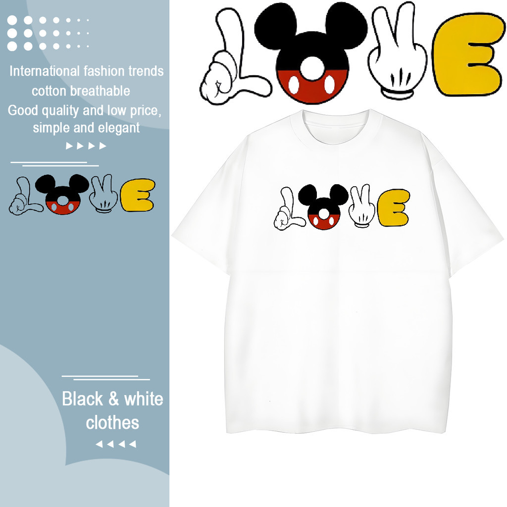 การ์ตูนดิสนีย์ มิกกี้มินนี่ ชุดคู่ ใหม่ หลวม Short -sleeved t -shirt หญิง ฤดูร้อน LOVE