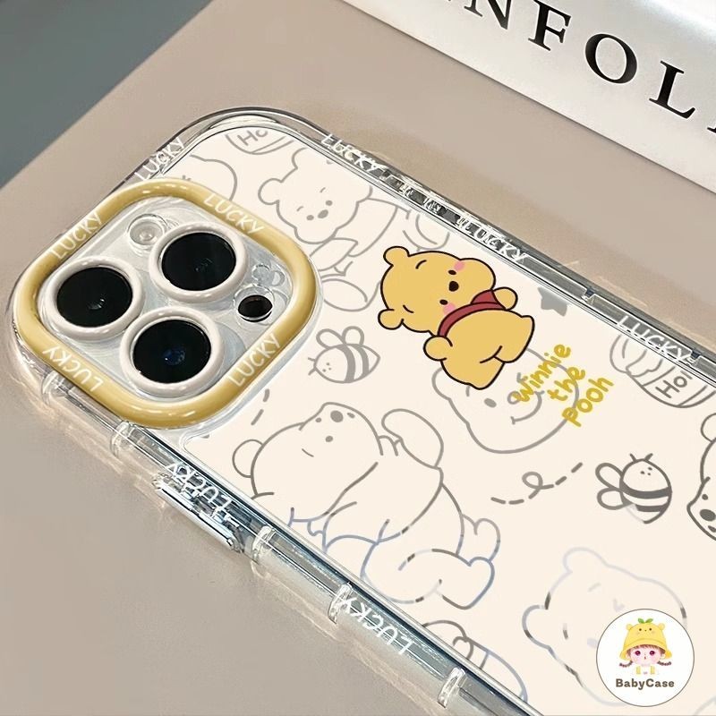 รูปแบบเรียบง่ายน่ารักวินนี่เดอะพูห กระจกแต่งหน้า เคสIPhone 11 15 12 14 13 Pro Max 7Plus 14 8 15 Plus XR X XS Max SE 2020