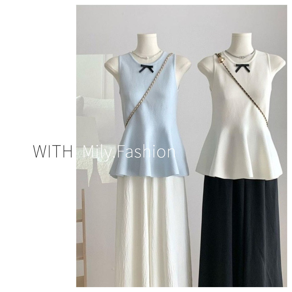 Milyfashion 2024 ฤดูร้อนสไตล์ใหม่เวอร์ชั่นเกาหลีการออกแบบรู้สึกหวานโบว์ถักเสื้อกันหนาวผู้หญิงขนาดเล็กสดSlimmerดูแขนกุดด้านบน