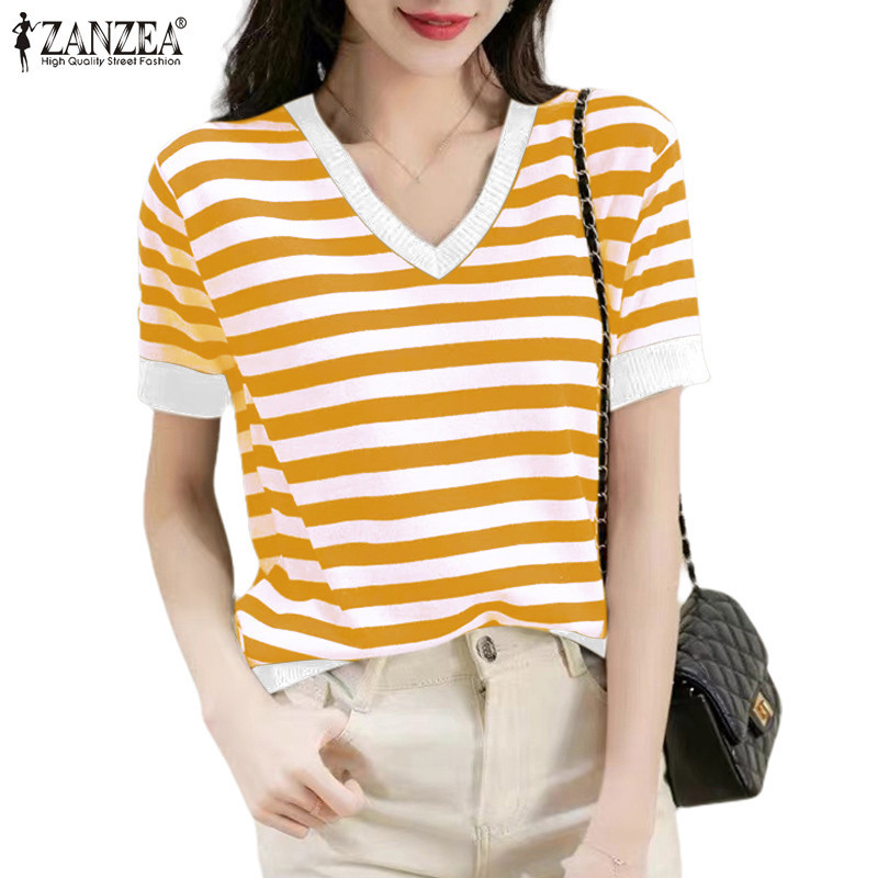 Zanzea เสื้อยืดคอวีแขนสั้นลายทางแฟชั่นเกาหลีสําหรับผู้หญิง