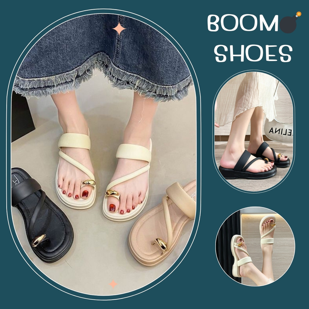 BOOM รองเท้าแตะ รุ่นหูสวมนิ้วโป้ง แต่งอะไหล่ทอง 3 สี ส้นหนา (34)