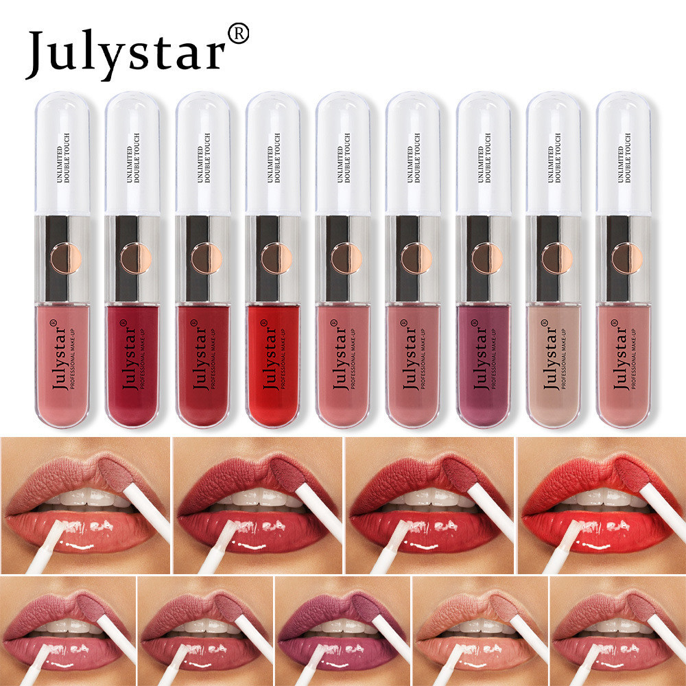 กรกฎาคมสตาร์ ความงามแต่งหน้าง่ายต่อการสีกระจกสองหัวลิปเคลือบไม่จางหายไม่ติดถ้วยน้ํากันน้ําเหงื่อธรรมชาติและยาวนานชุ่มชื้นลิปกลอส