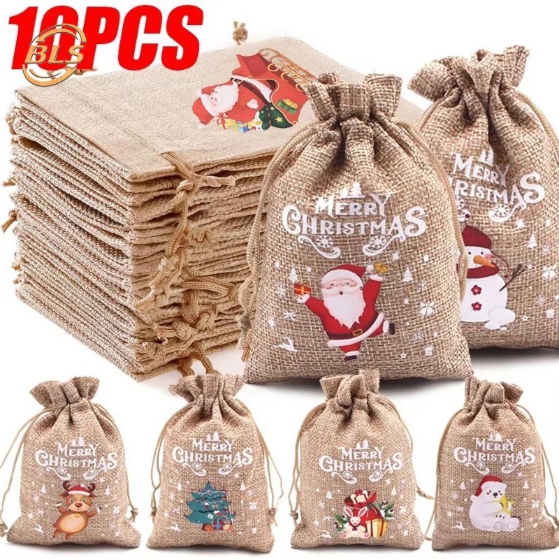 5/10ชิ้นคริสต์มาสผ้าลินิน เชือกรูด กระเป๋า-ลูกอมบิสกิตกระเป๋ากระสอบสร้อยข้อมือเครื่องประดับถุงเก็บ-คริสต์มาสเด็กของขวัญถุงบรรจุ