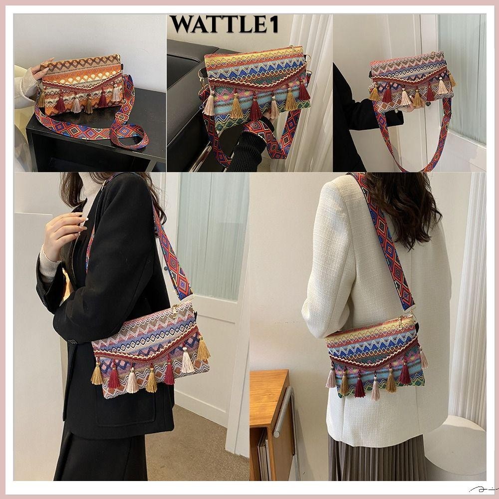 Wttle กระเป๋าสะพายไหล่เดี่ยวผู้หญิงพู่สไตล์พื้นบ้านกระเป๋าใต้วงแขน