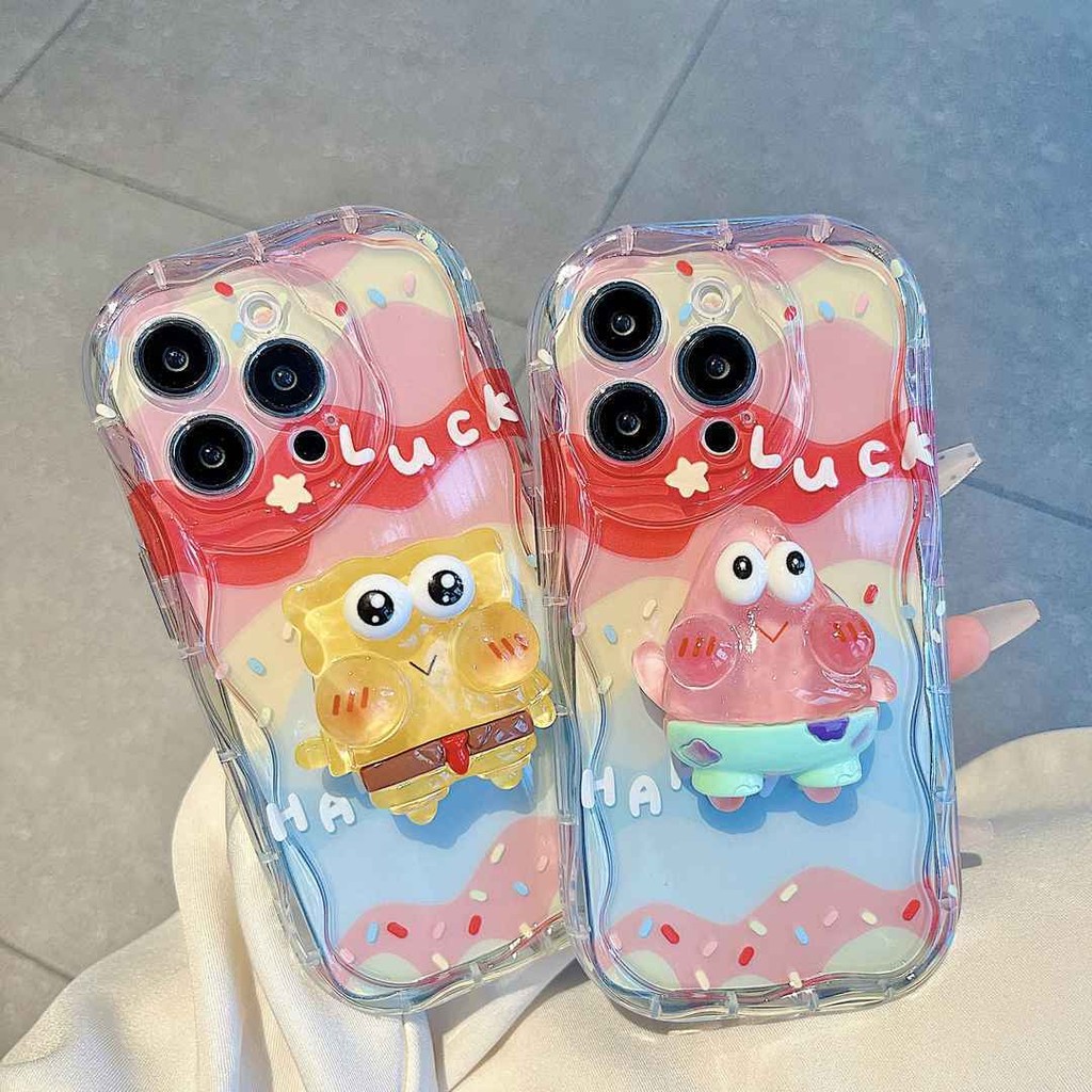 ปลอกสําหรับ Samsung Galaxy S24 S23 S22 S21 Plus Ultra S23FE S21FE S20FE A12 3D วงเล็บน่ารัก Spongebob Patrick Star นุ่มการ์ตูน Wave ด้านข้างเคสโทรศัพท์ใส