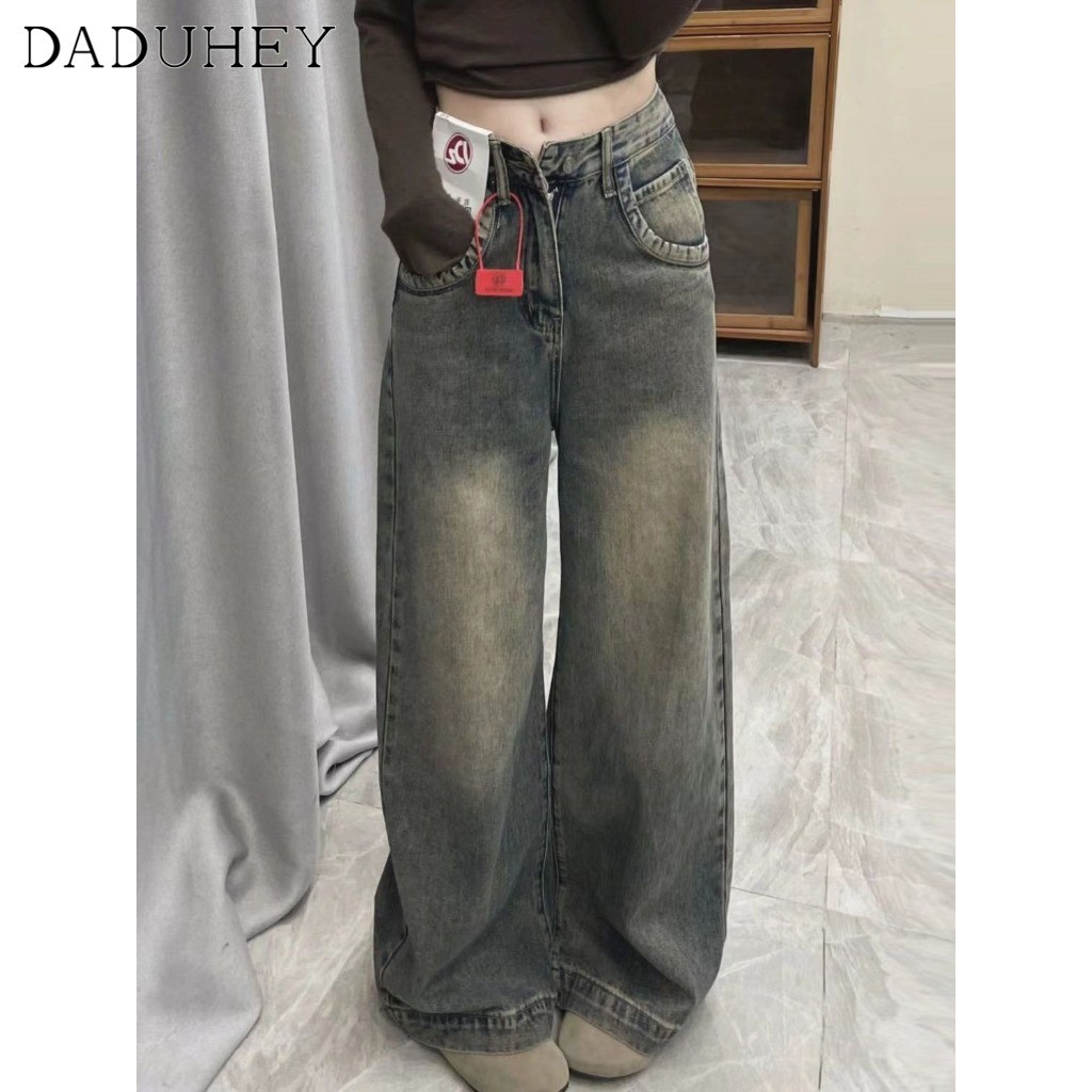 DaDuHey American Retro Distressed Straight Jeans Women 2024 Hot Girls High Waist Slimming Drooping Wide-Leg Pants