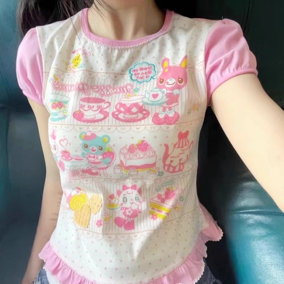 ผู้หญิงน่ารักการ์ตูนพิมพ์ เสื้อยืด หวานแฟชั่นแขนสั้น สูงสุด