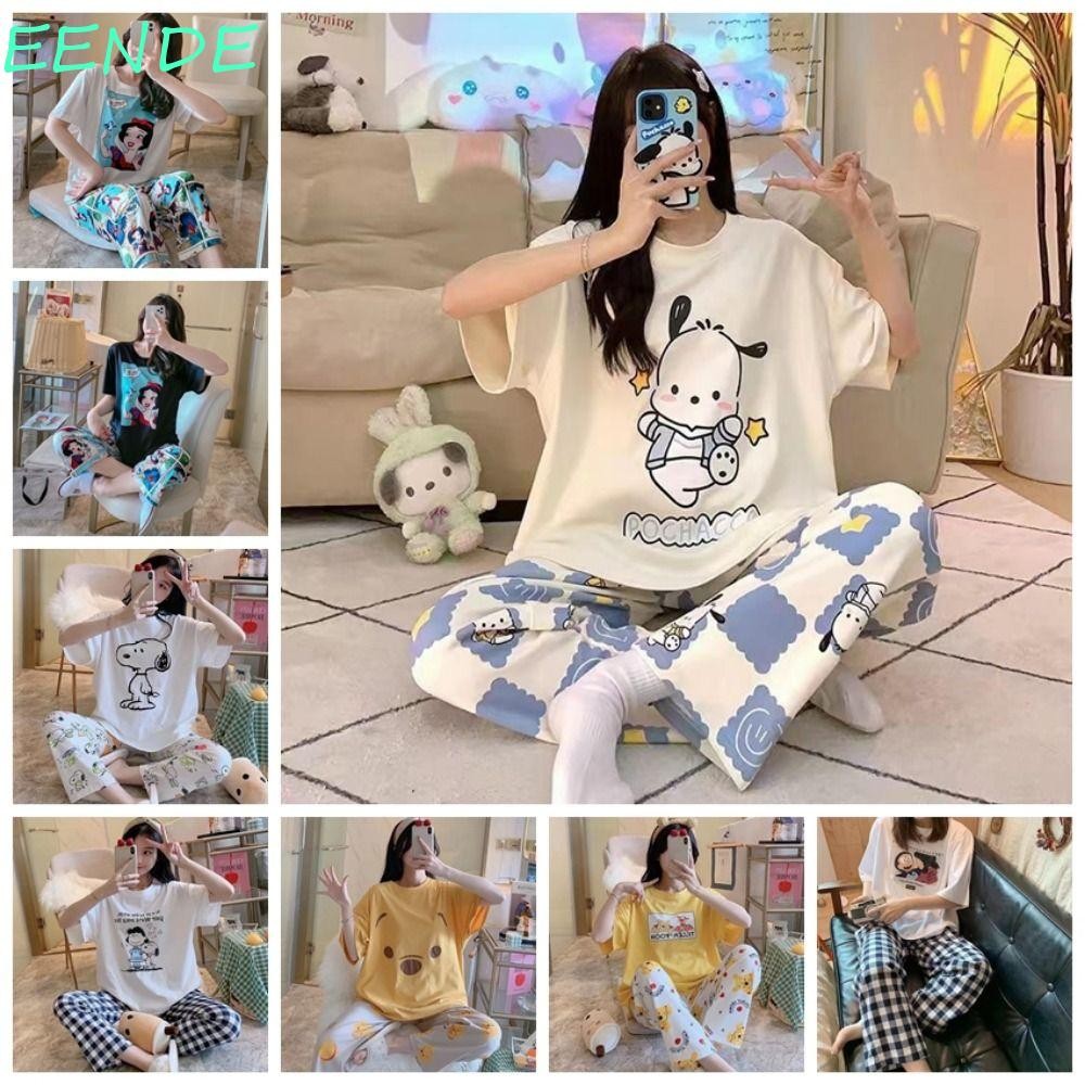 Eende 2 ชิ้น/เซ็ตชุดนอนฤดูร้อนชุด,เสื้อยืด O-คอฤดูร้อน 2 ชิ้น,ขนาดเล็กสดแขนสั้นกางเกงขายาวหลวมชุดนอนฤดูร้อนชุดนอนชุดคู่