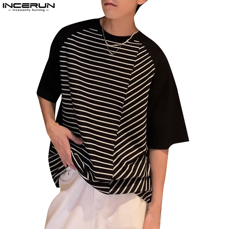 ไม่แน่นอน ผู้ชายเกาหลีลําลองรอบคอเย็บปะติดปะต่อกันแขนสั้นลายเสื้อยืด