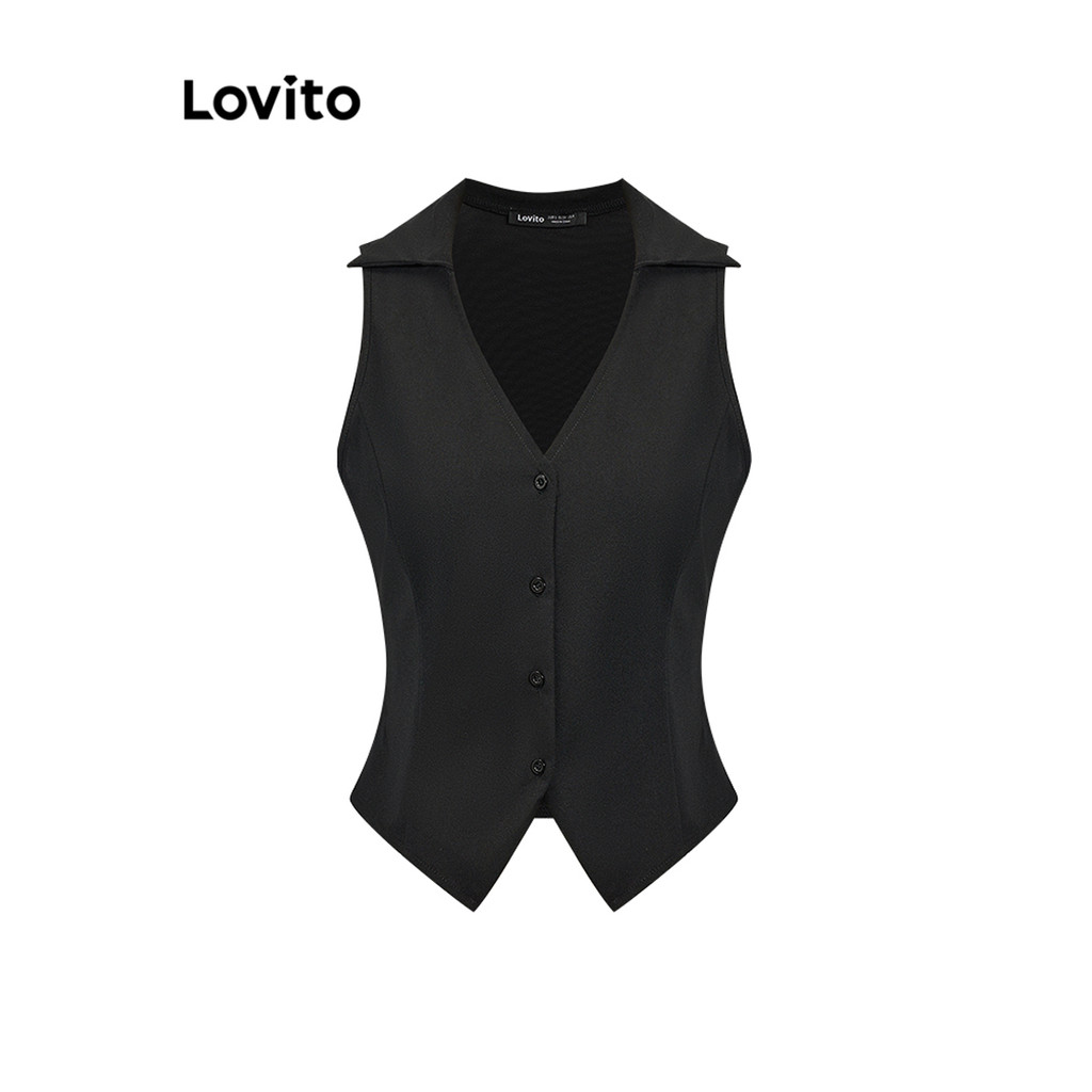 Lovito เสื้อแขนกุดผู้หญิง มีกระดุมด้านหน้า สีพื้น สไตล์เพร็พพี่ L86ED073