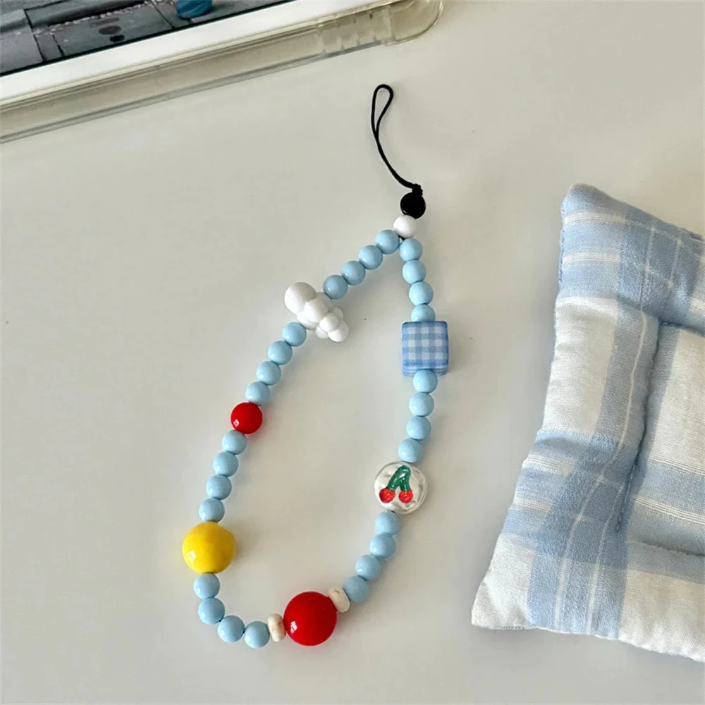 น่ารัก Blue Clouds Cherry Beaded โทรศัพท์ Charm สายคล้องจี้สําหรับ iPhone Samsung Accessrioes โซ่หวาน Lanyard ผู้หญิงแขวนเชือก