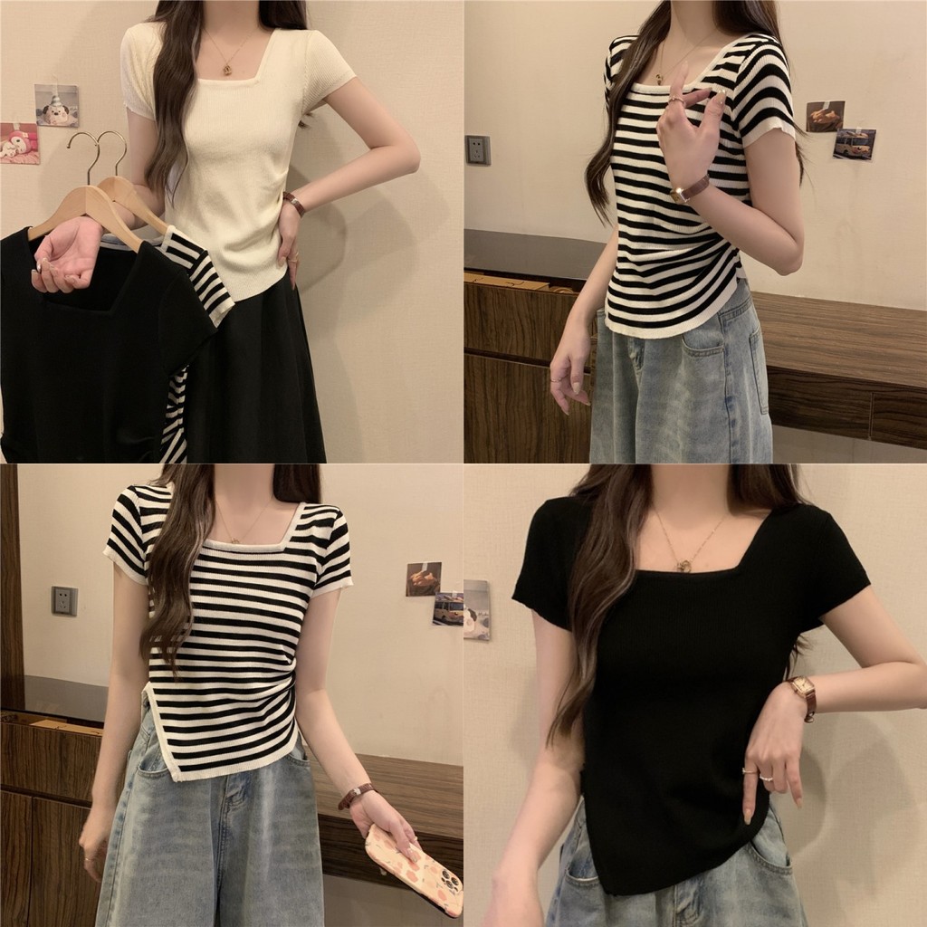 💜Evelyn💜​เสื้อยืดผู้หญิง ผ้าถัก แขนสั้น คอเหลี่ยม เข้ารูป น่ารักที่สุด สไตล์เกาหลี ดีเทลสีพื้นลายทางขาวดำ#82038