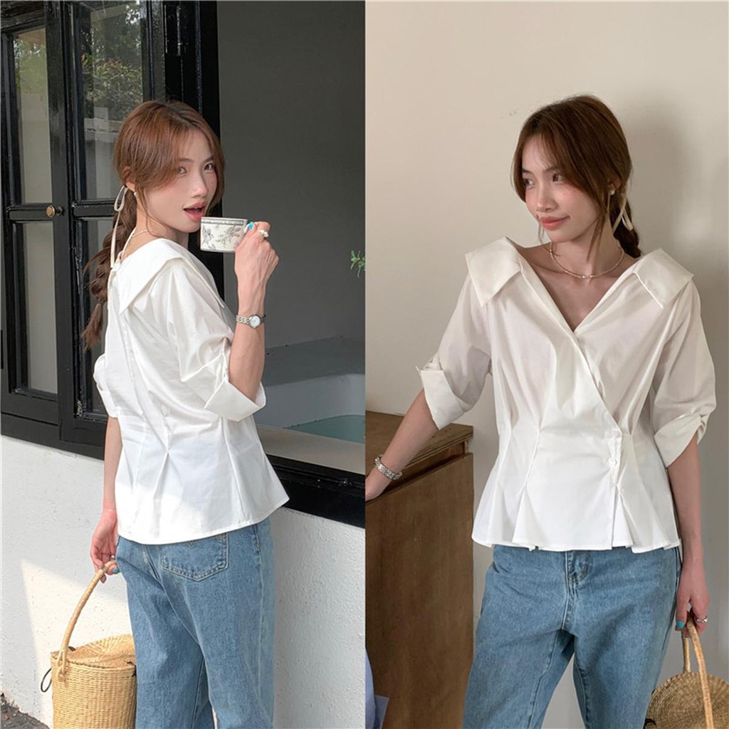 เสื้อเชิ้ตแขนยาวผู้หญิงเกาหลี คอวี ทรงเข้ารูป ใบไม้ร่วงสไตล์ใหม่ผิดปกติครอ#W442