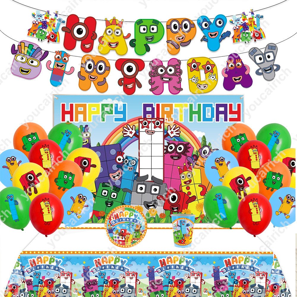 Numberblocks ชุดตกแต่งงานเลี้ยงวันเกิดรวมแบนเนอร์บอลลูนเค้ก Topper และ Cupcake Topper ผ้าปูโต๊ะฉากหลังสําหรับ Numberblocks Par