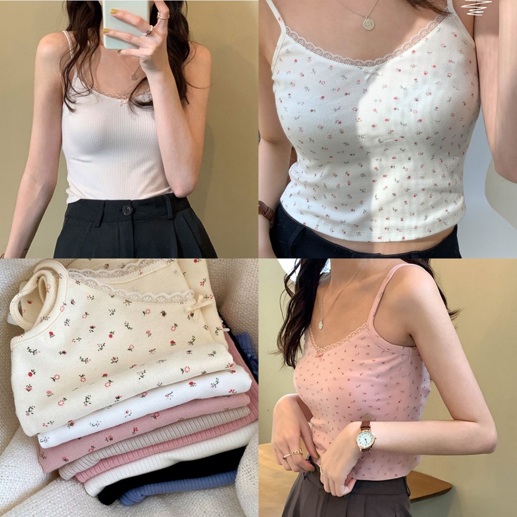 🌹Bonnie🌹ครอปกล้าม เข้ารูป มีฟองน้ำ ลายดอกไม้ หลากสี แต่งโบว์ ลูกไม้ เสื้อกล้ามผู้หญิง ผ้าดีมาก ใส่สบาย🌻#FYC017-S
