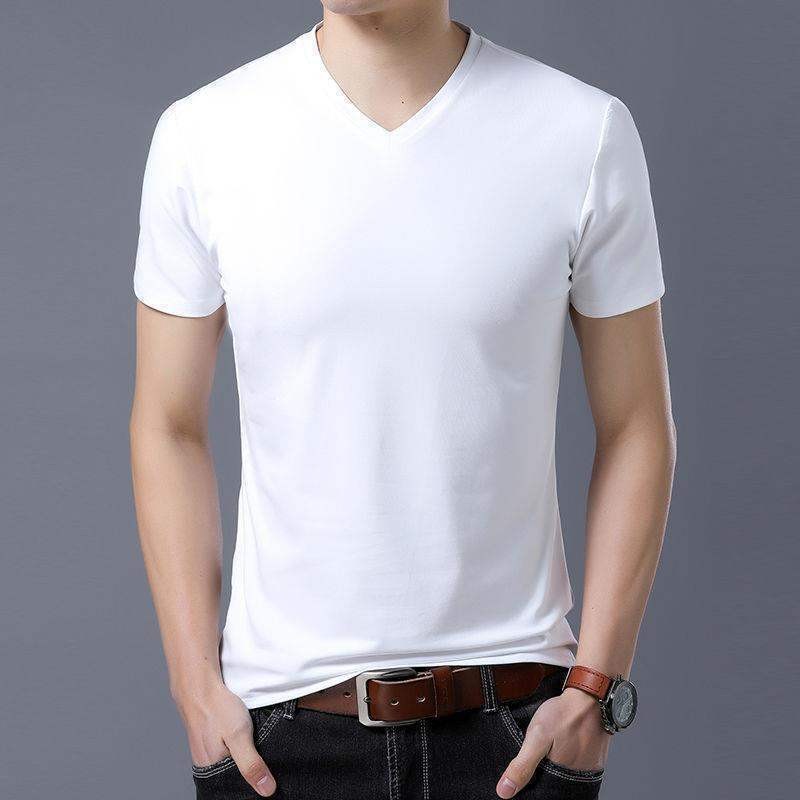 ผู้ชายคอวี จุดต่ําสุด บาง-พอดี สีทึบแน่นกระชับเสื้อยืด