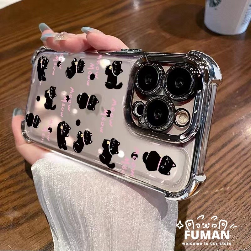 เข้ากันได้กับ Reno 12F 11F 12 11 10 9 8 Pro Plus Reno 7 Pro SE 6 4 5G OPPO A1K เคสโทรศัพท์กล้องเลนส์ Cam ปกป้องน่ารักแมวดําโปร่งใสปลอกปกหลัง