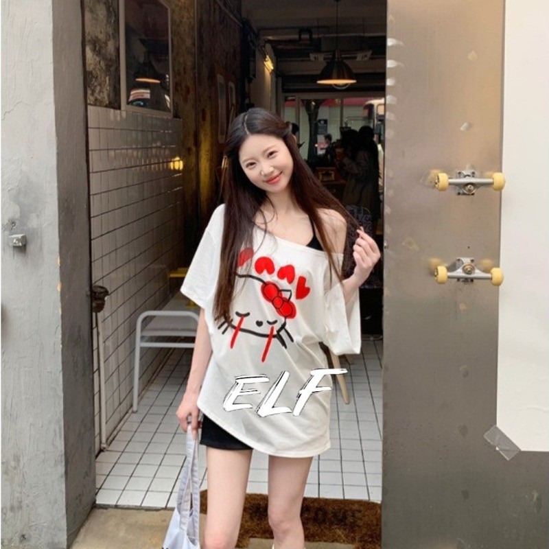 ฤดูร้อนคิตตี้การ์ตูนพิมพ์ปกขนาดใหญ่แขนสั้นเสื้อยืดสีขาวบางไหล่ปกด้านบน