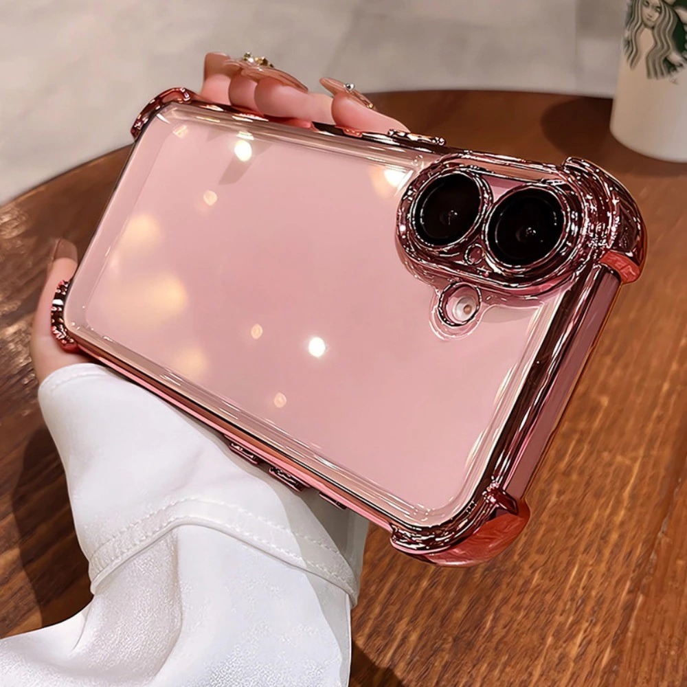 สี่มุมชุบสีหลักเคสใสสําหรับ ไอโฟน 16 15 14 โปรแม็กซ์ 13 12 11 บวกทนต่อแรงกระแทกพร้อมฝาครอบฟิล์มเลนส์