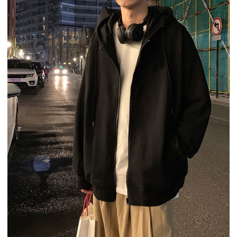 สีทึบหลวม All-Match Zipper Casual Hooded Sw