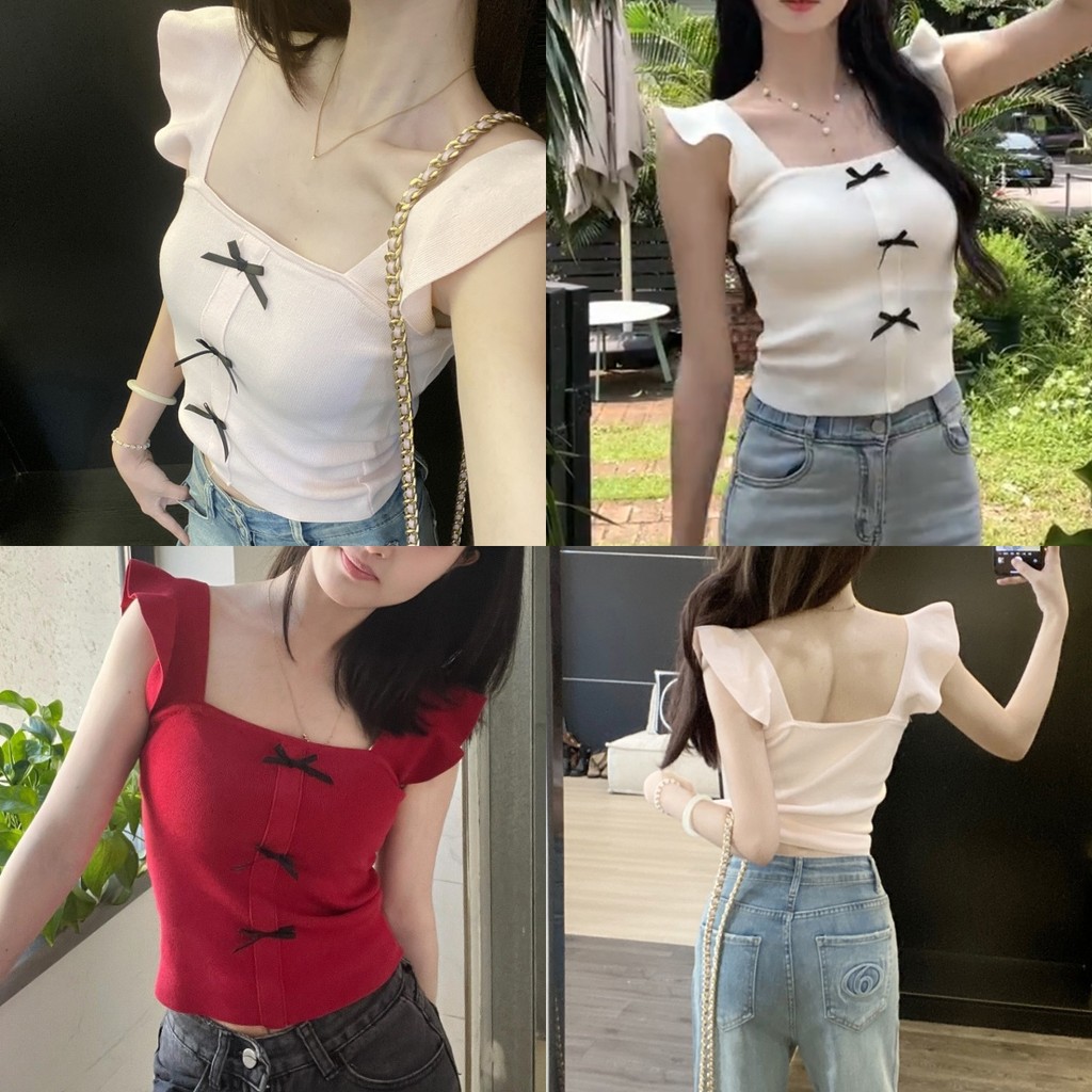 Evelyn เสื้อกล้ามไหมพรม แต่งแขนระบาย เซ็กซี่ ดีเทลติดโบว์ สลิมฟิต แขนกุด เสื้อครอป เกาหลี น่ารักๆ ใส่สบาย#AC05