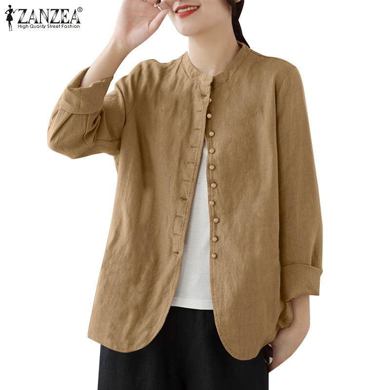 Zanzea เสื้อเชิ้ตแขนยาวคอกลมลําลองสไตล์เกาหลีสําหรับผู้หญิง