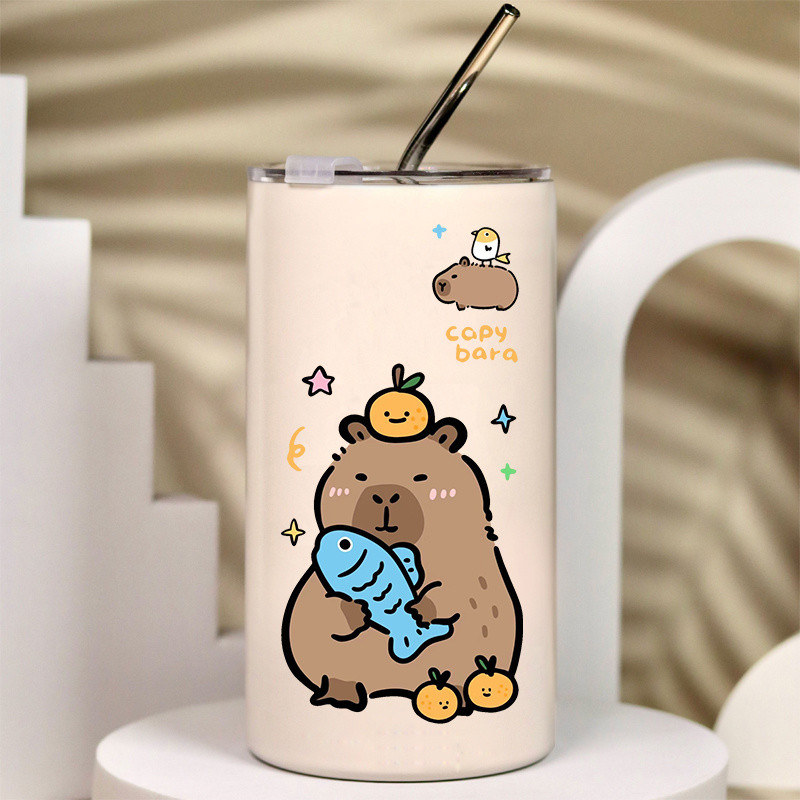 แก้วเก็บความร้อน0909ถ้วยกาแฟถ้วยหลอดดูดอเนกประสงค์พร้อมฝา INS Bingba Niche โลหะสแตนเลสจับปลาคาปิบารา
