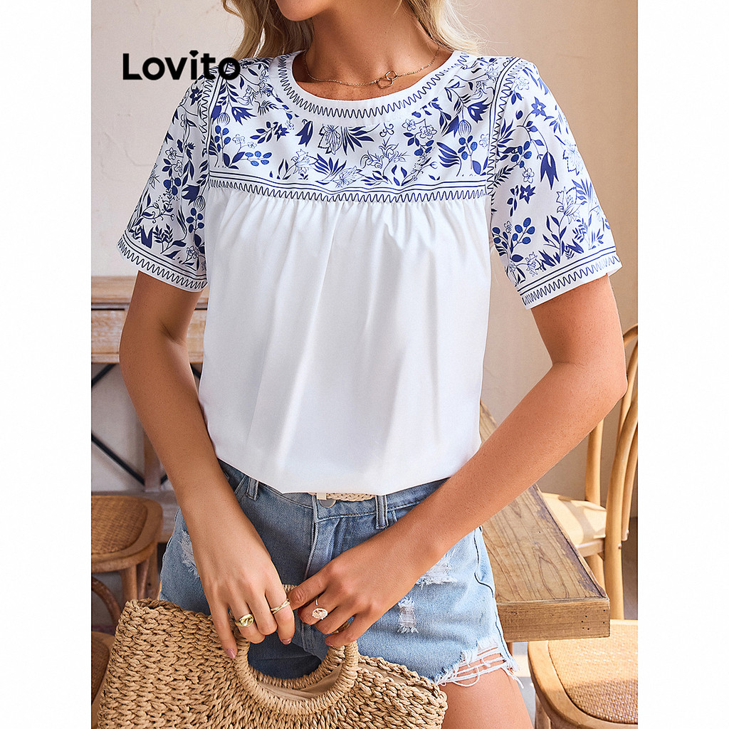 Lovito เสื้อเบลาส์เย็บผ้าไม่สมมาตร โบโฮ เพสลีย์ สำหรับผู้หญิง LBL15297