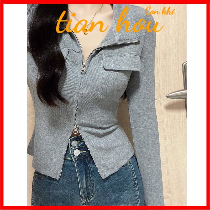 เสื้อยืดแขนยาวคอปกสำหรับสาวฮอตรุ่นใหม่เสื้อคาร์ดิแกนซิปคู่ทรงเข้ารูปใส่แล้วดูผอมสำหรับฤดูใบไม้ผลิและฤดูใบไม้ร่วงเสื้อโชว์สะดือ