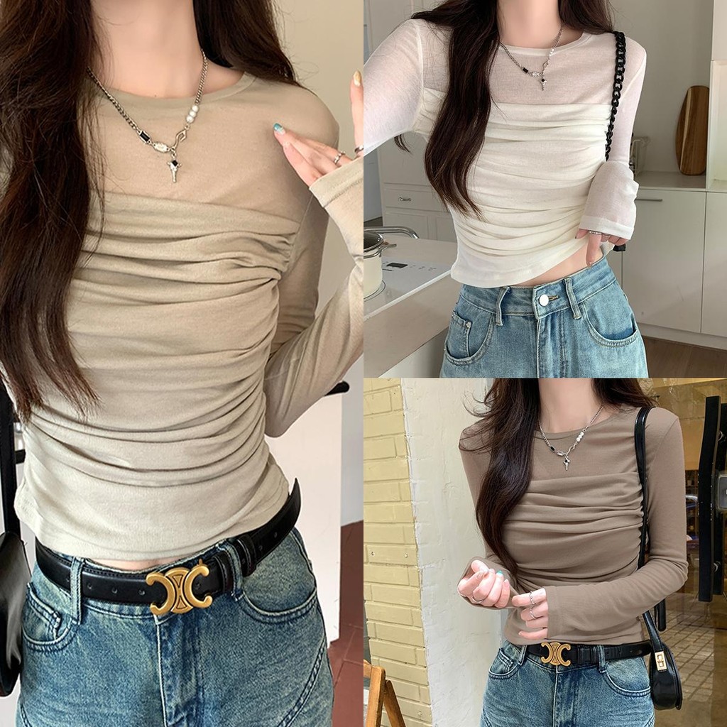 "จัดส่งทันที"เสื้อยืดแขนยาว ผ้าตาข่าย แฟชั่นสําหรับผู้หญิง เสื้อยืด ผญ S-XL#W458