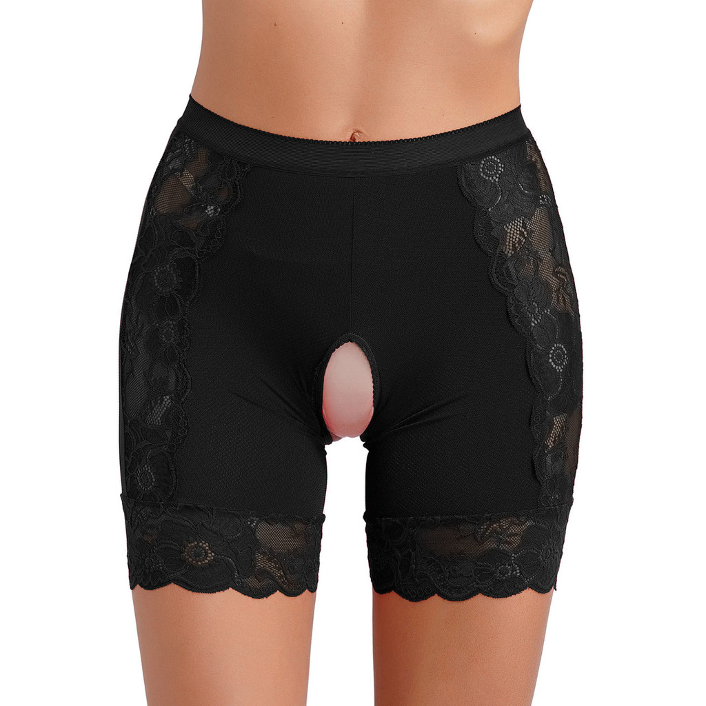 Nikiikoo สตรี Naughty Lace Crotchless ชุดชั้นใน Knickers เอวสูง Boyshorts ความปลอดภัยกางเกงขาสั้นกางเกงสําหรับ Clubwear ออกเดท Night
