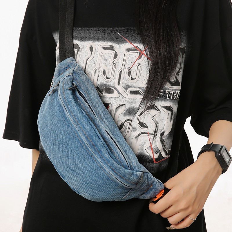 Unisex Denim Canvas Chest Bag กระเป๋าคาดเอวนักเรียนกระเป๋าสําหรับผู้หญิงกระเป๋าเข็มขัดพักผ่อน