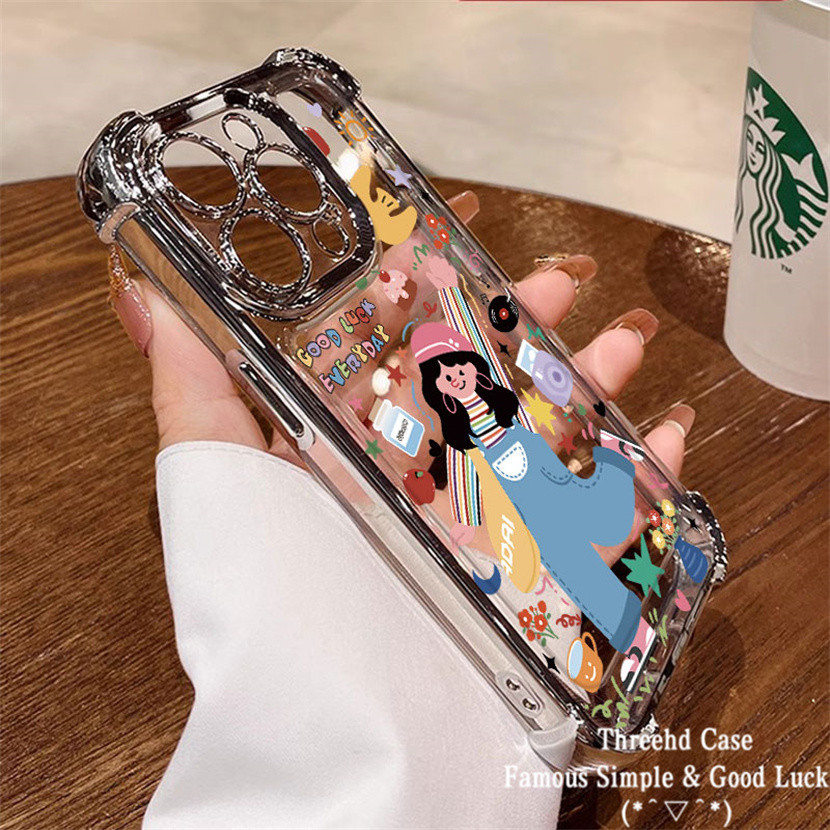 ปลอกเข้ากันได้สําหรับiphone 11 XR 15 14 13 12 Pro Max 7 8 Plus SE 2020 X Xs Maxหรูหราสี่มุมถุงลมนิรภัยเลนส์ฟิล์มป้องกันกรณีน่ารักการ์ตูนสาวGraffiti TPUปกหลัง