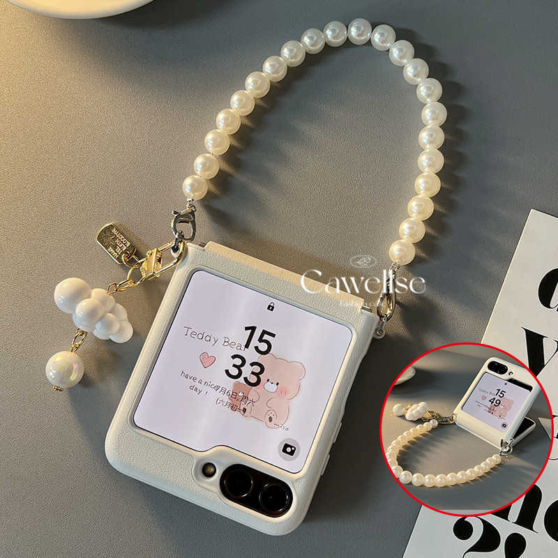 หรูหราหนัง PU เคสโทรศัพท์ Samsung Galaxy 6 Z Flip 5 Z Flip 4 กรณี Cloud Pearl สร้อยข้อมือ Slim กันกระแทกปกหลัง Flip6 Flip5