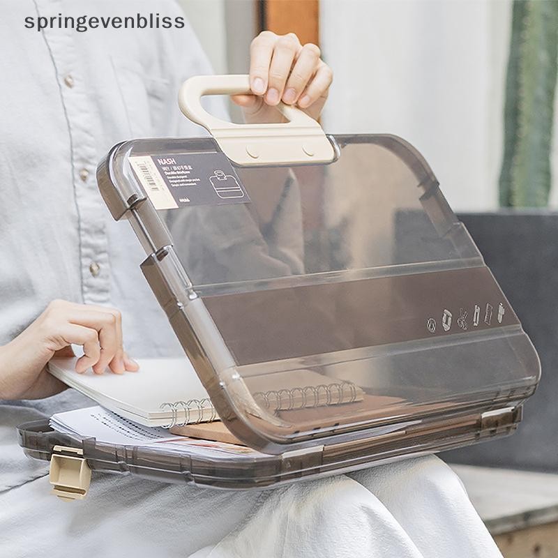 Springevenbliss กล่องแฟ้มแบบพกพาพลาสติกโปร่งใสดินสอ A4 โฟลเดอร์ล็อคจับเอกสารเครื่องเขียนกรณีจัดเก็บ Office Organizer Springevenbliss